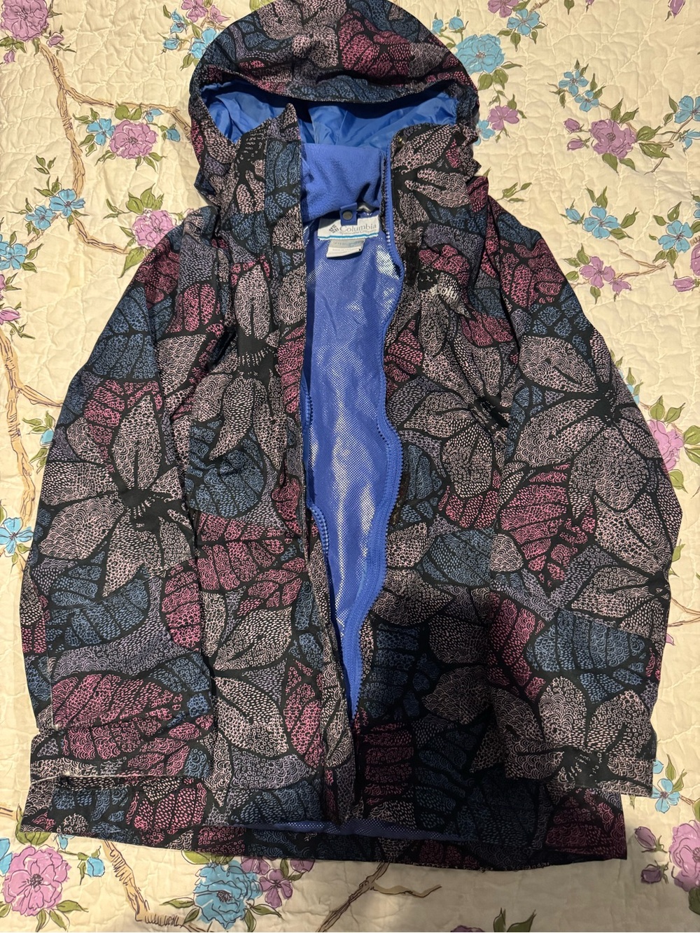 Columbia Kids Hooded Raincoat - Blue, Purple & Black Leaf Print